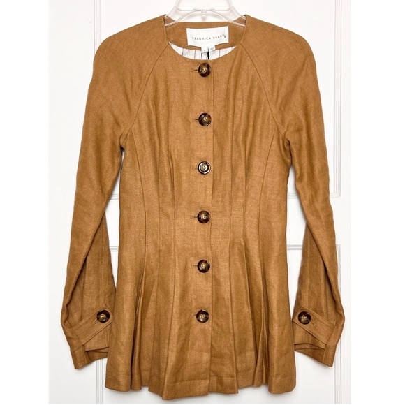 NWT VERONICA BEARD Camel Linen Collarless Tailored Pleated Peplum Blazer 00 - Picture 9 of 17